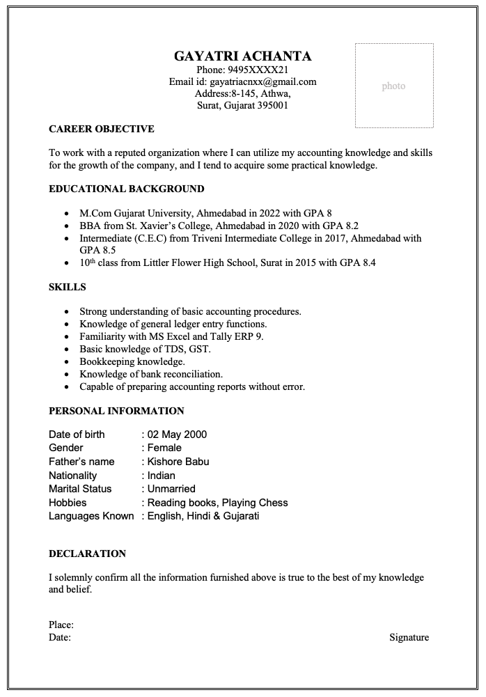 Sample fresher accountant resume in Word