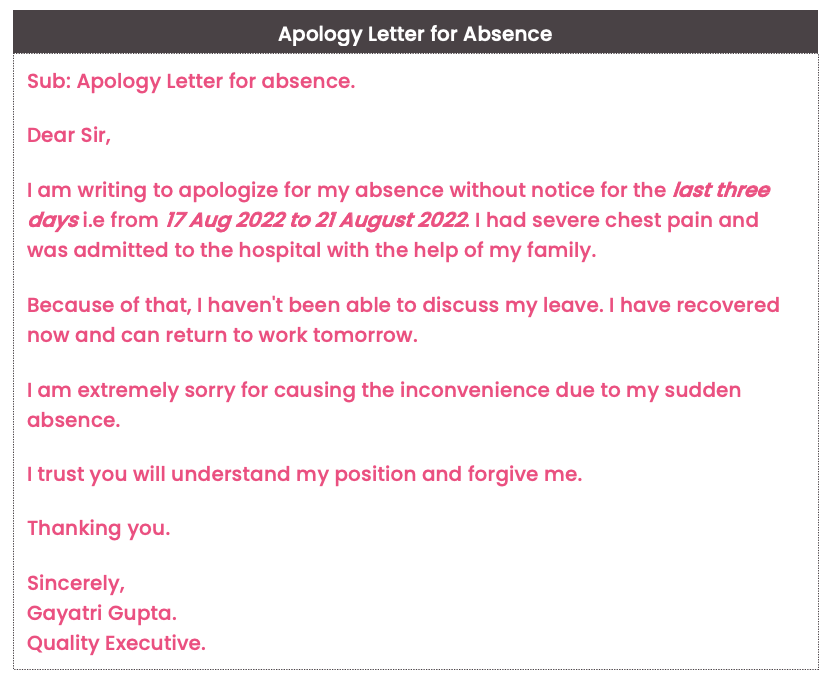 Apology letter for absence