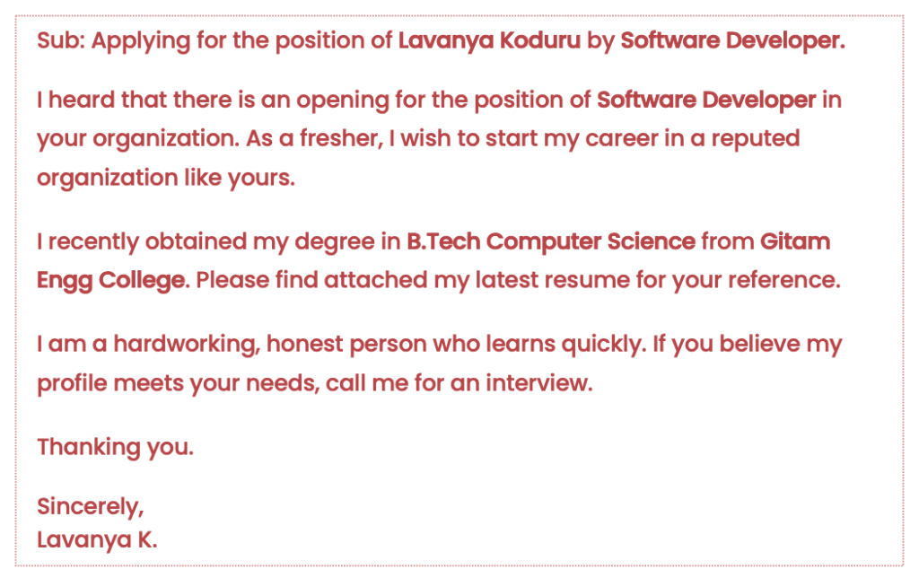 Simple job application email for freshers 2
