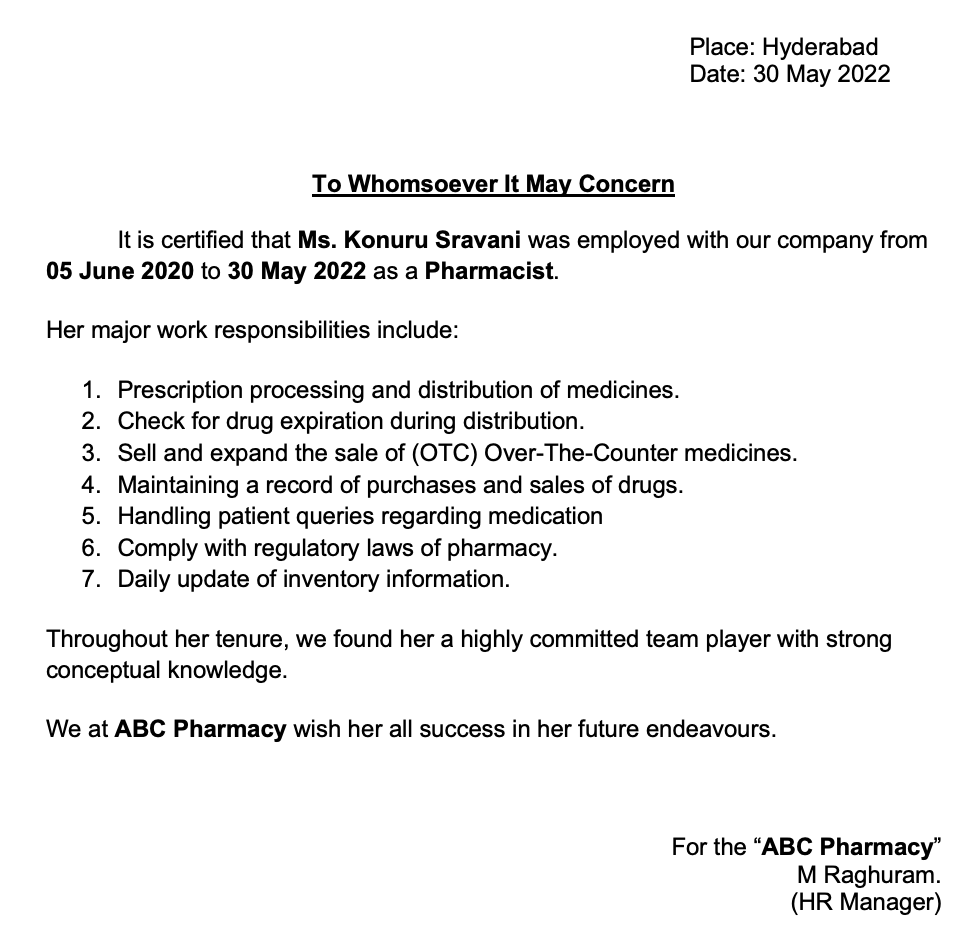 Pharmacist experience certificate download