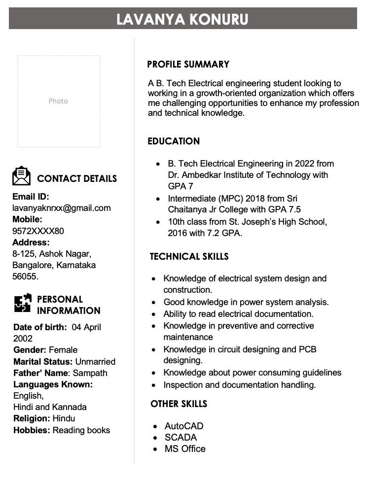 Fresher resume format download in MS word