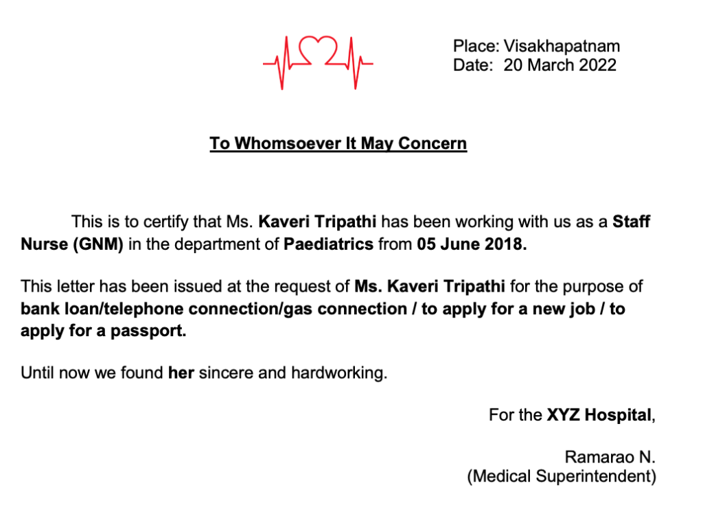Still working experience certificate format for nurses