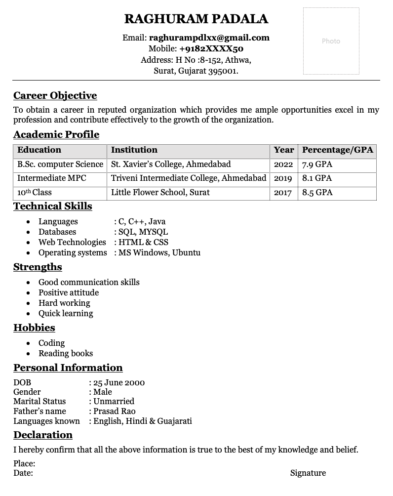 Degree fresher resume for computer science student download
