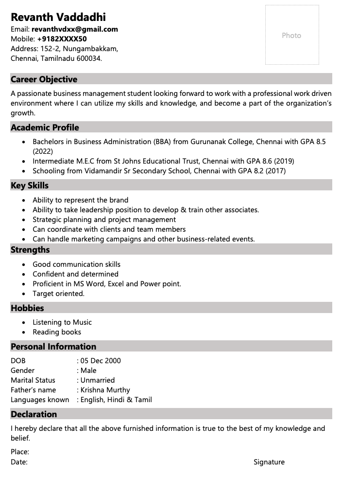 Degree fresher resume for BBA students in Word download