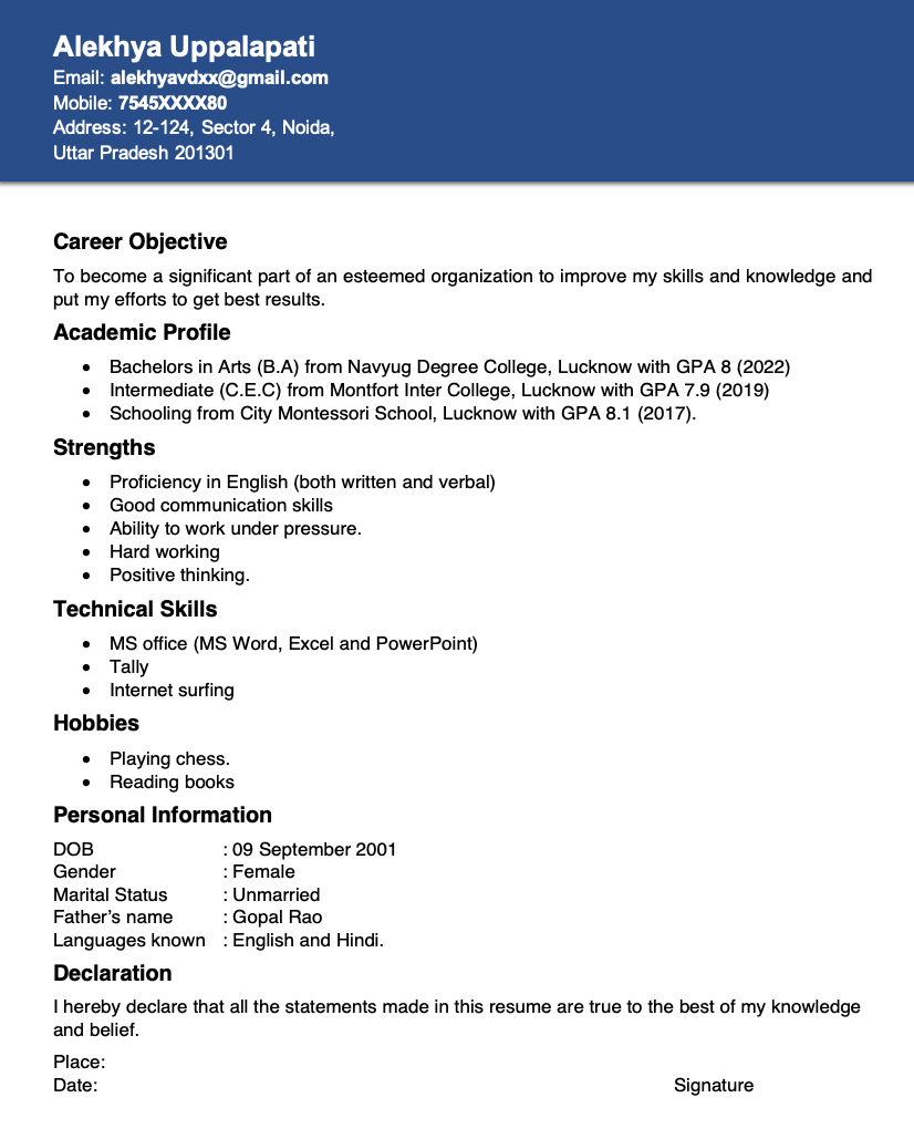 Degree fresher resume for BA students in Word