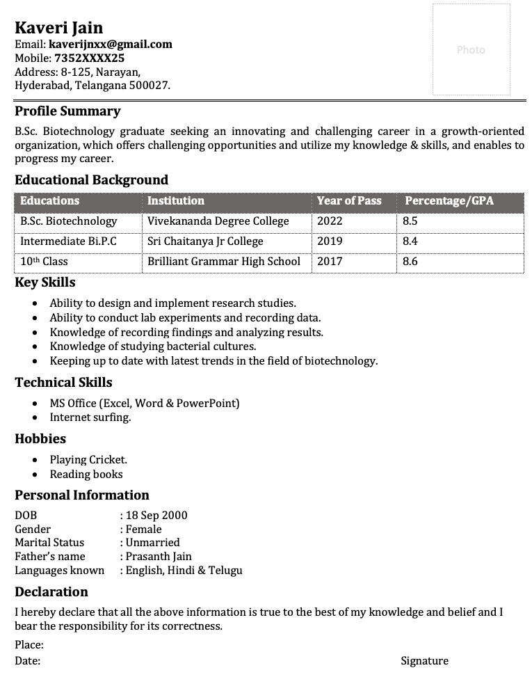 Degree fresher B.Sc biotechnology student resume download