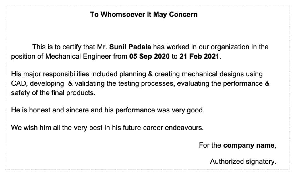 Mechanical engineer work experience certificate format 2