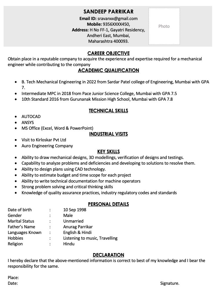 Fresher mechanical engineer resume format doc