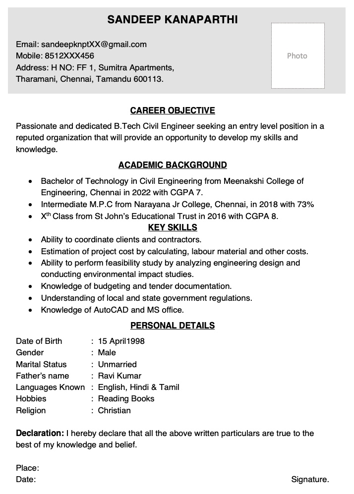 Civil engineering fresher resume format doc