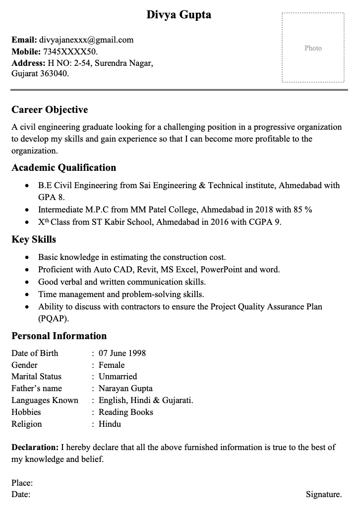 Civil Engineer format for freshers in India