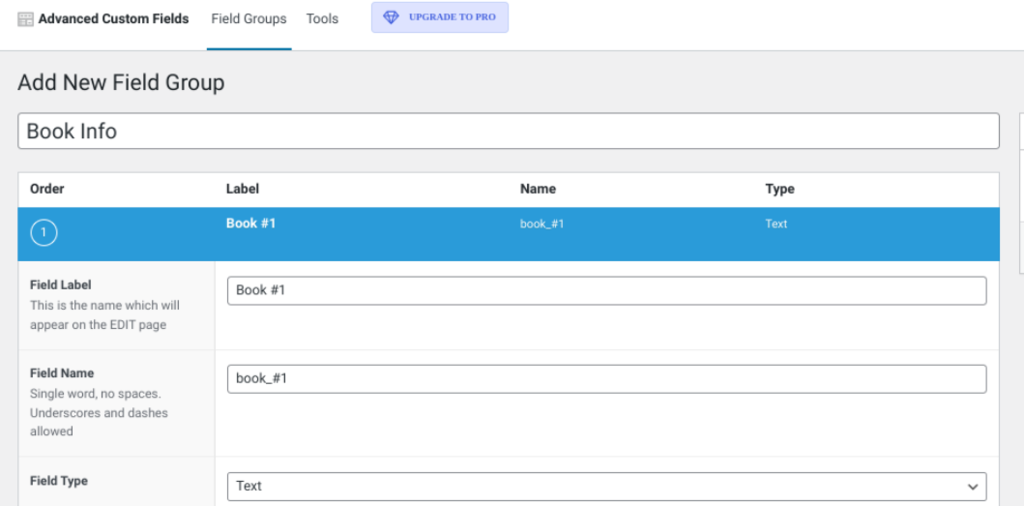 Adding a new field group in WordPress dashboard.