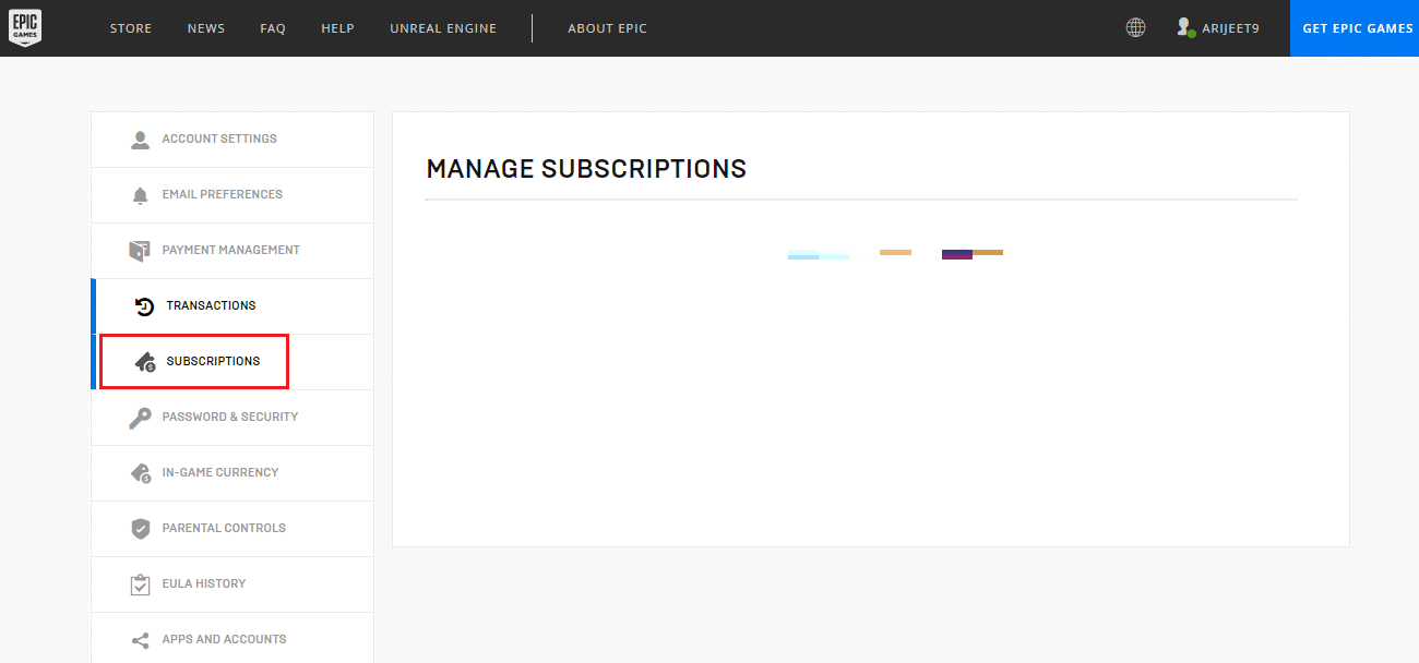 subscriptions menu in Epic Games Account setting