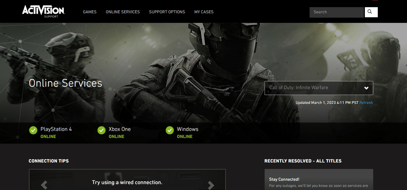 Infinite Warfare Activision Support Online Services page