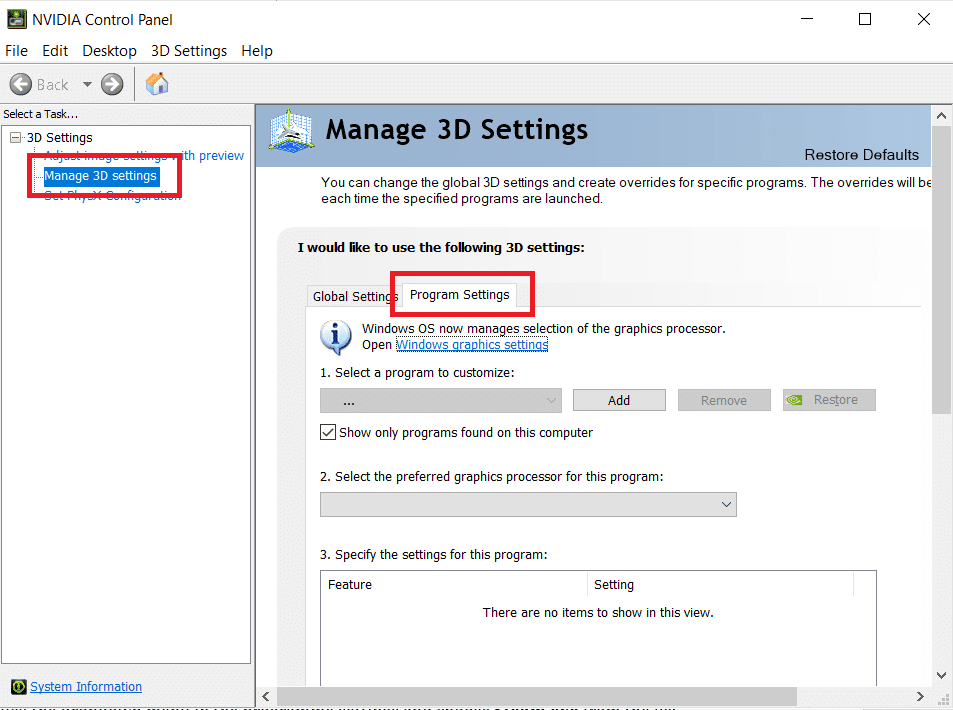 locate and go to Manage 3D Settings