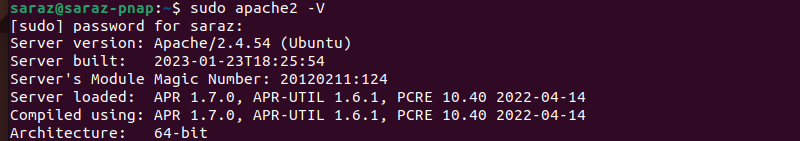 sudo apache2 +V terminal output