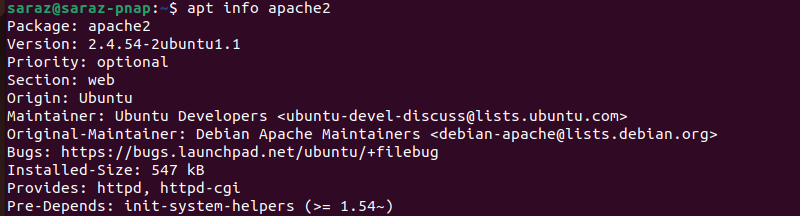 apt info apache2 teminal output