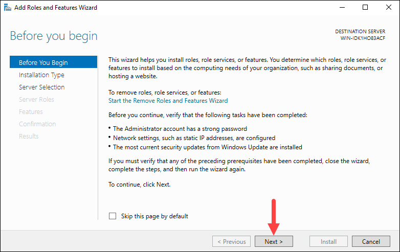 The welcome screen of the Add roles and features wizard.