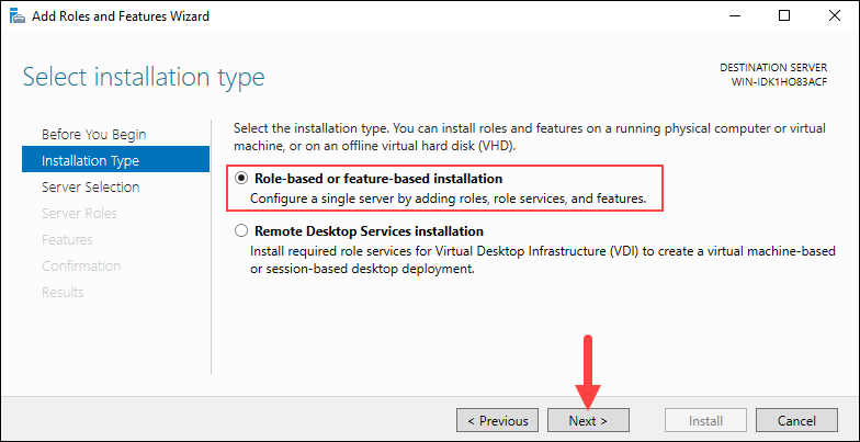 Selecting the installation type for SMTP server.