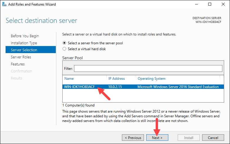 Choosing the destination server for SMTP installation.