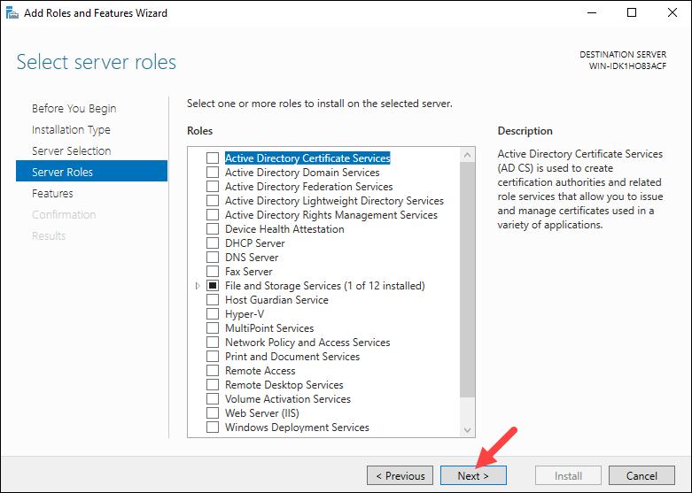 Selecting which server roles to install.