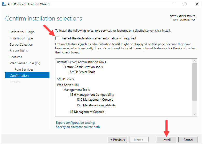 Confirming the installation of SMTP and other required features.