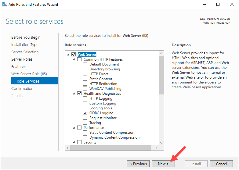 Selecting which services to install along the Web server role.