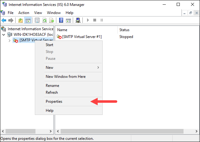Configuring the properties of SMTP virtual server.