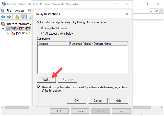 Adding a computer to SMTP relay settings.