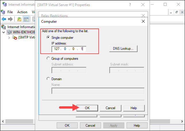 Entering the localhost IP address to relay settings.