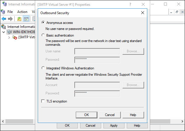 Selecting a security type for SMTP.