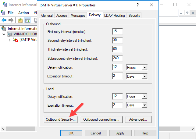 Configuring SMTP security options.