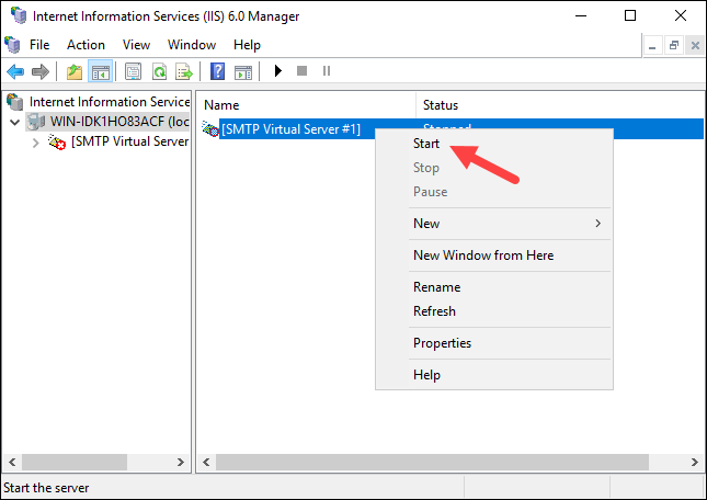 Restarting the SMTP server in Windows.