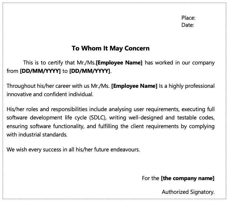 Work experience letter word format