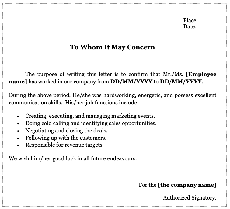 Experience letter format word