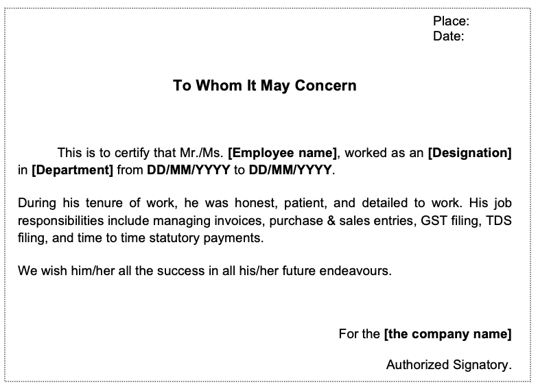 job experience letter format word