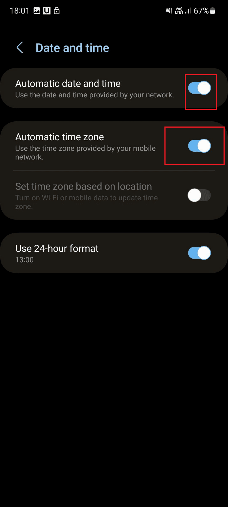 toggle on automatic date and time and automatic time zone. Fix Failed to Update Firmware Visit Samsung Service Center Error