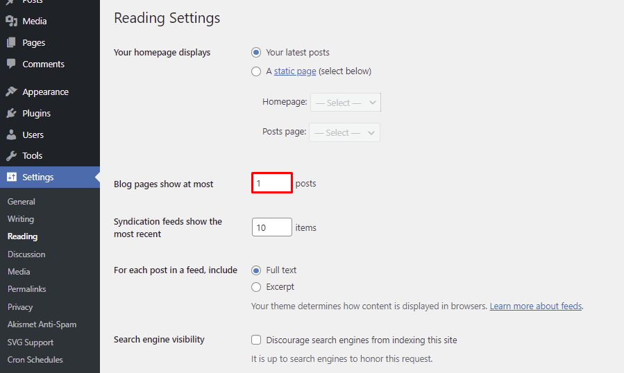 Changing the number of posts shown per page in the WordPress settings.