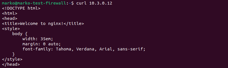Using curl to test the private network connection with the web server.