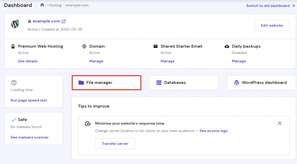 hPanel Dashboard with File Manager button highlighted 