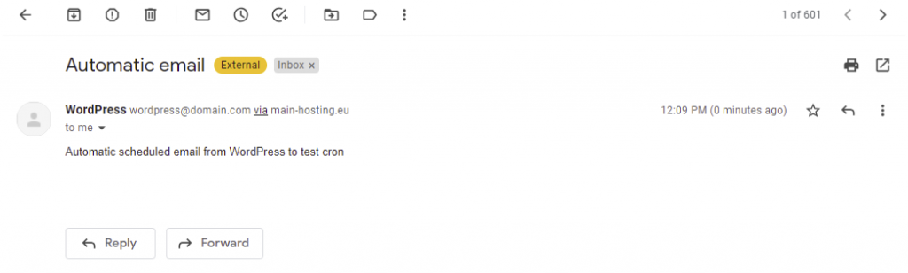 The test email that WordPress sent when the new cron event was triggered