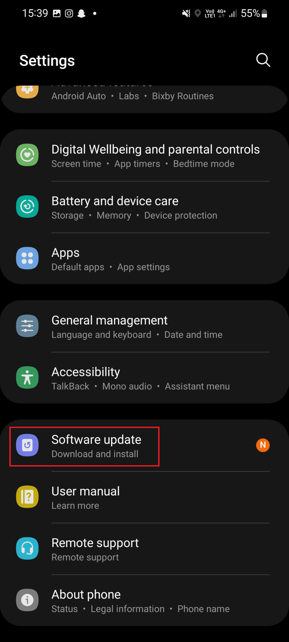 software update under settings