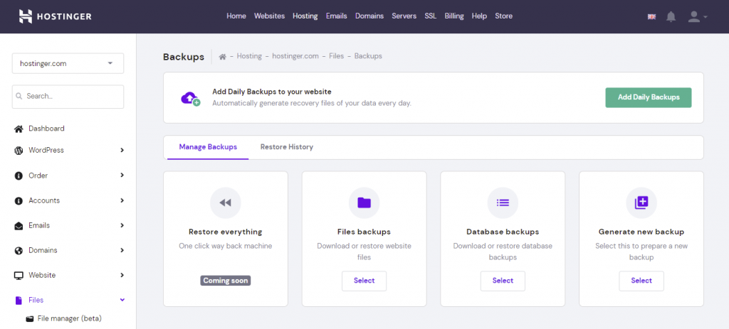 Hostinger's one-click daily backup feature on hPanel