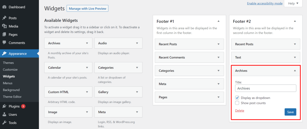 Screenshot of WordPress's widgets screen, with the Archives widget settings open in the Footer #2 area The widgets area, highlighting a newly added Archives widget