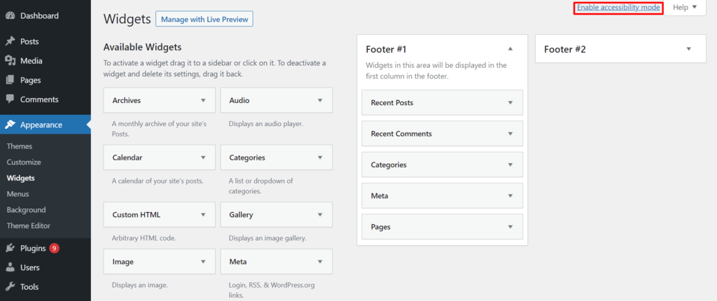 Screenshot of WordPress's widgets screen, with the Enable accessibility mode link highlighted The enable accessibility mode at the top right of the widgets area in the WordPress dashboard