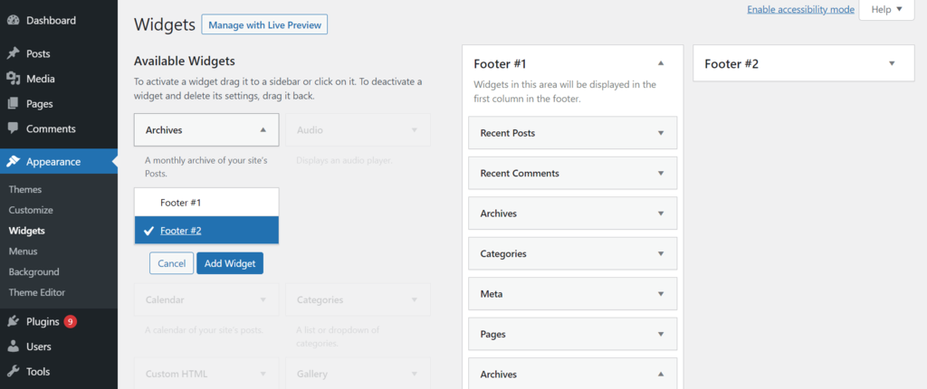 Screenshot of WordPress's widgets screen, with the Archives widget selected The widgets area in the WordPress dashboard