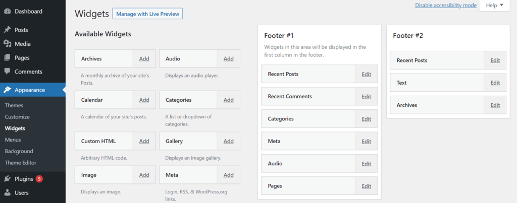 Screenshot of the WordPress Widgets screen, with the accessibility mode enabled The widgets area in the WordPress dashboard - enable accessibility mode version