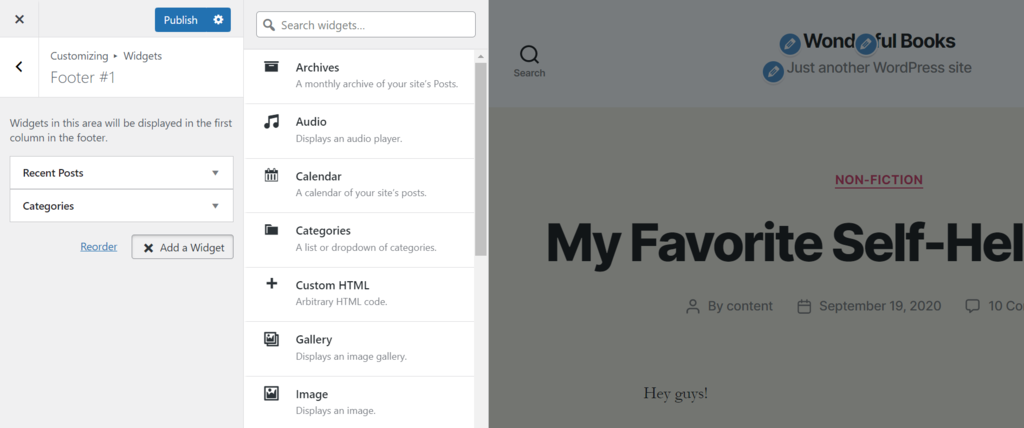 Screenshot of the WordPress customizer's widget settings Add a widget button in the widget customizer