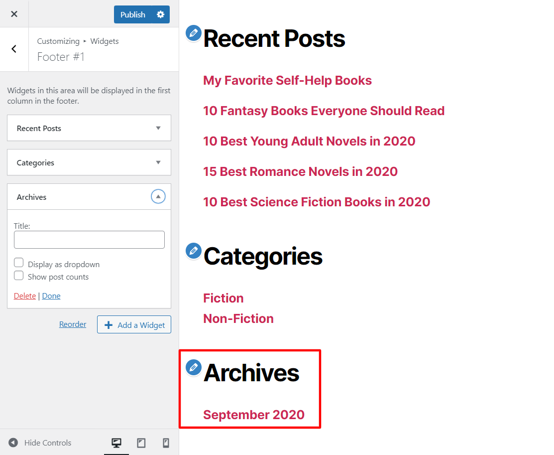 Screenshot of the WordPress customizer's widget settings with the website preview The widget customizer, highlighting the part that's reordered