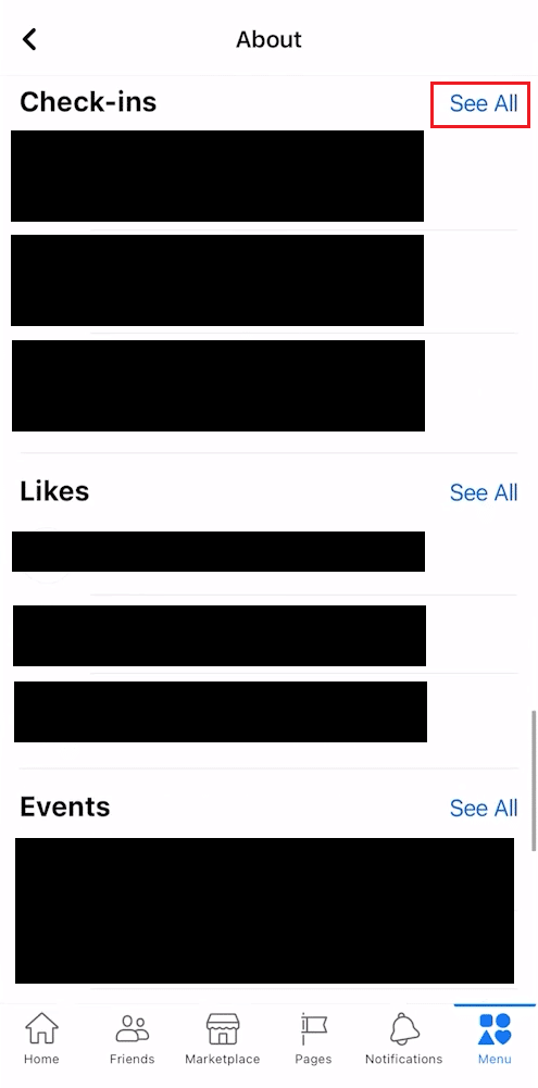 Swipe down and tap on See All from the Check-ins section
