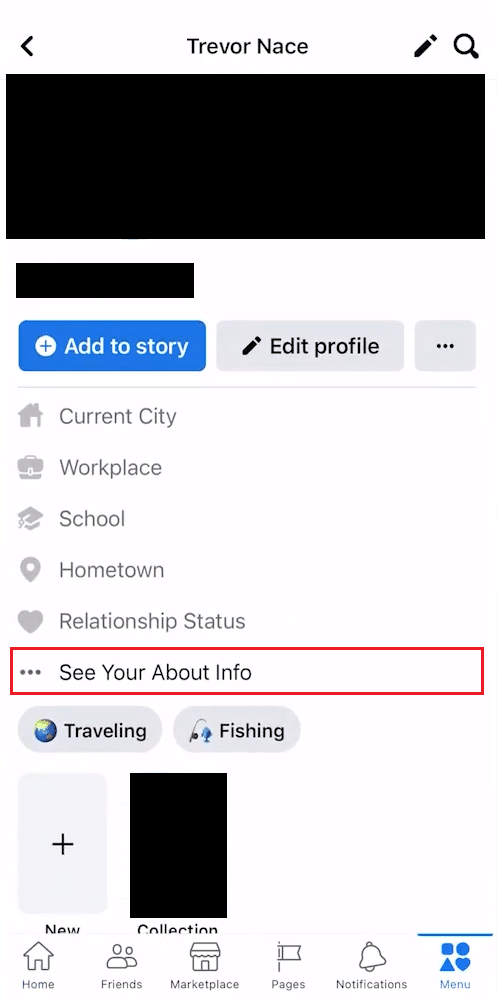 From your profile, tap on See Your About Info
